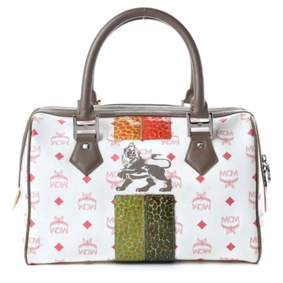 MCM Handbags - MCM Visetos Striped Munich Lion Boston Satchel White